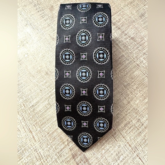 JZ Richards 100% Silk Black and Blue Diamond. Medallion pattern Tie